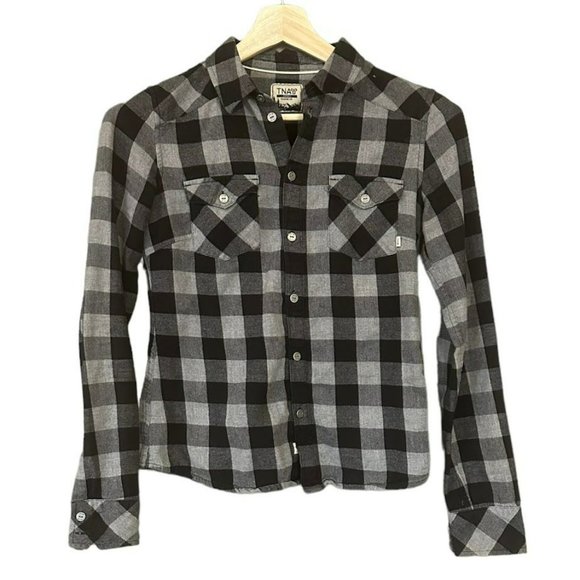 Aritzia TNA Black Gingham Check Classic Fit Flannel‎ Shirt Womens XS - Picture 1 of 4